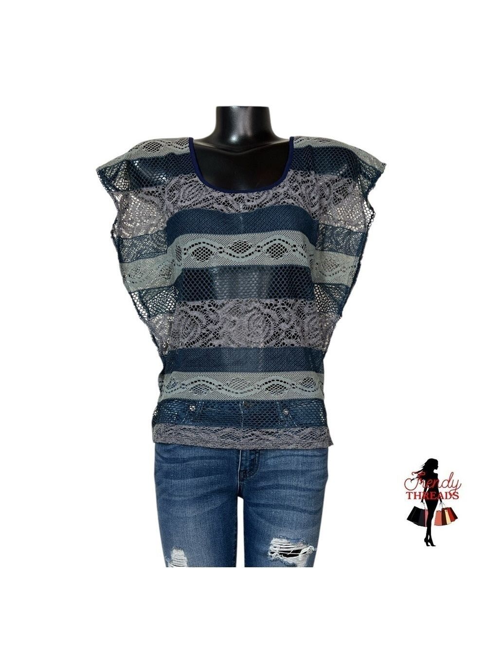 6Degrees VINTAGE Y2K Blue Gray Lace Top Open Back Flutter Sleeves Medium Shirt